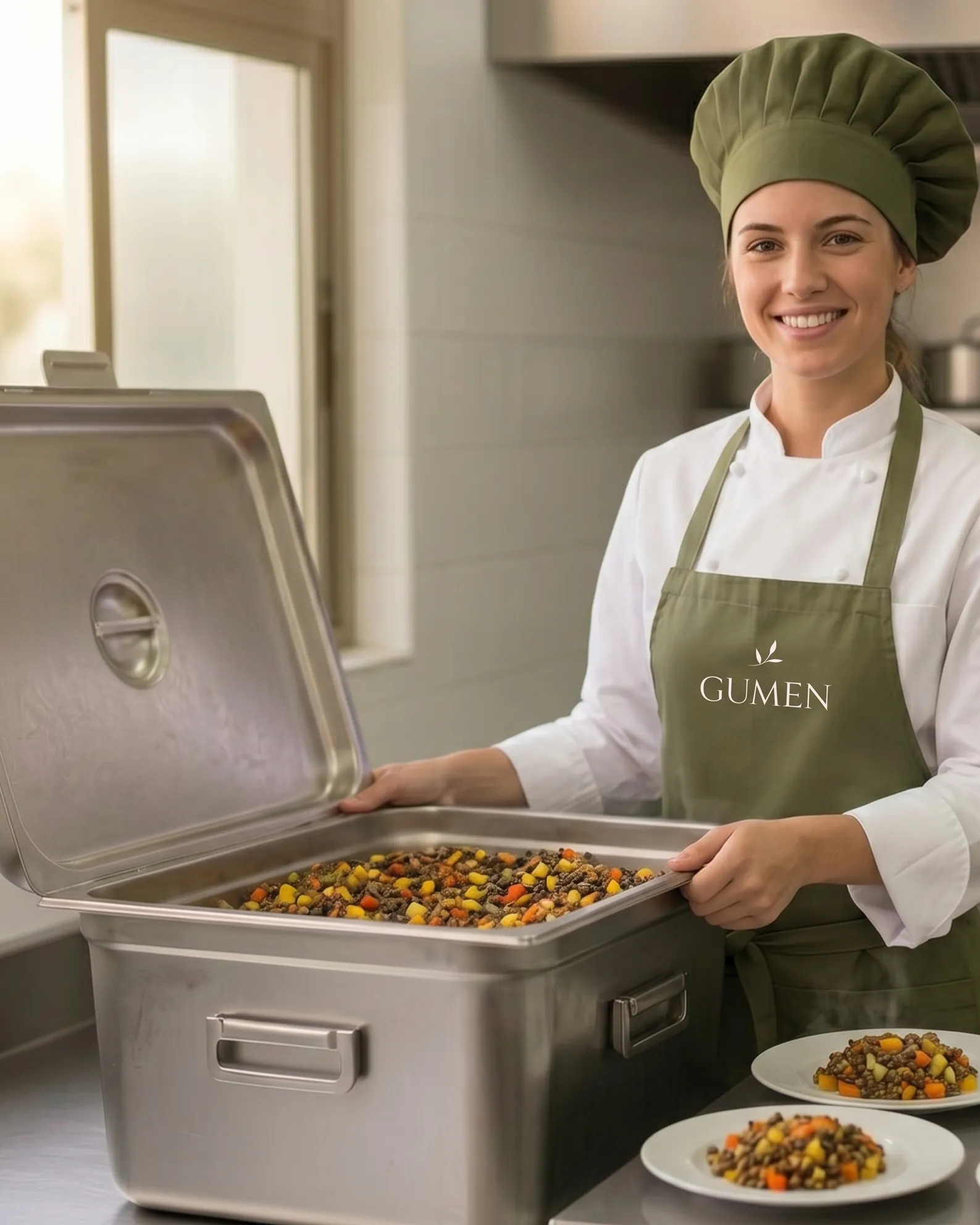 Cocinera de Gumen con delantal corporativo y cofia verde, abriendo un contenedor isotérmico con el menú preparado para el transporte al colegio